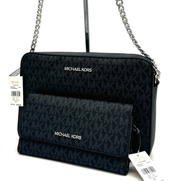 Michael Kors Large Jet Set Item EW Crossbody Bag & Large Trifold Wallet Black - Picture 1 of 11